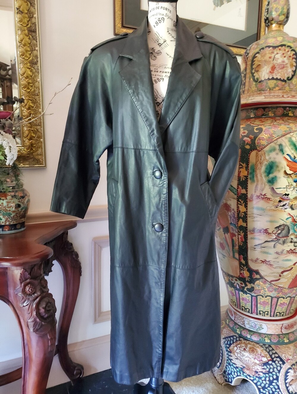 Vintage Burlington Black Leather Long Coat 90s Duster Overcoat